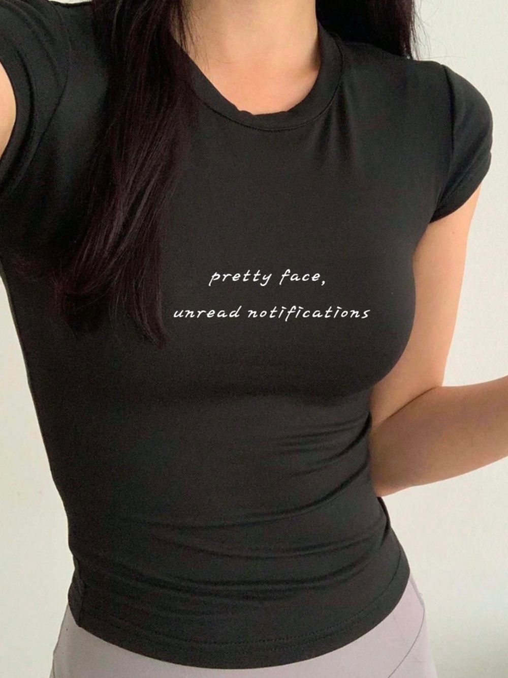 "pretty face, unread notifications" black short sleeve baby tee shirt top